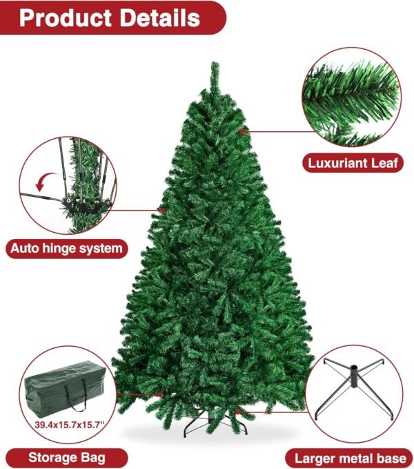 6ft Artificial Christmas Tree, Premium Hinged Holiday Xmas Tree Pine Trees with 798 Branch Tips, Metal Foldable Stand, Storage Bag, for Home Office Party Decoration - Image 6