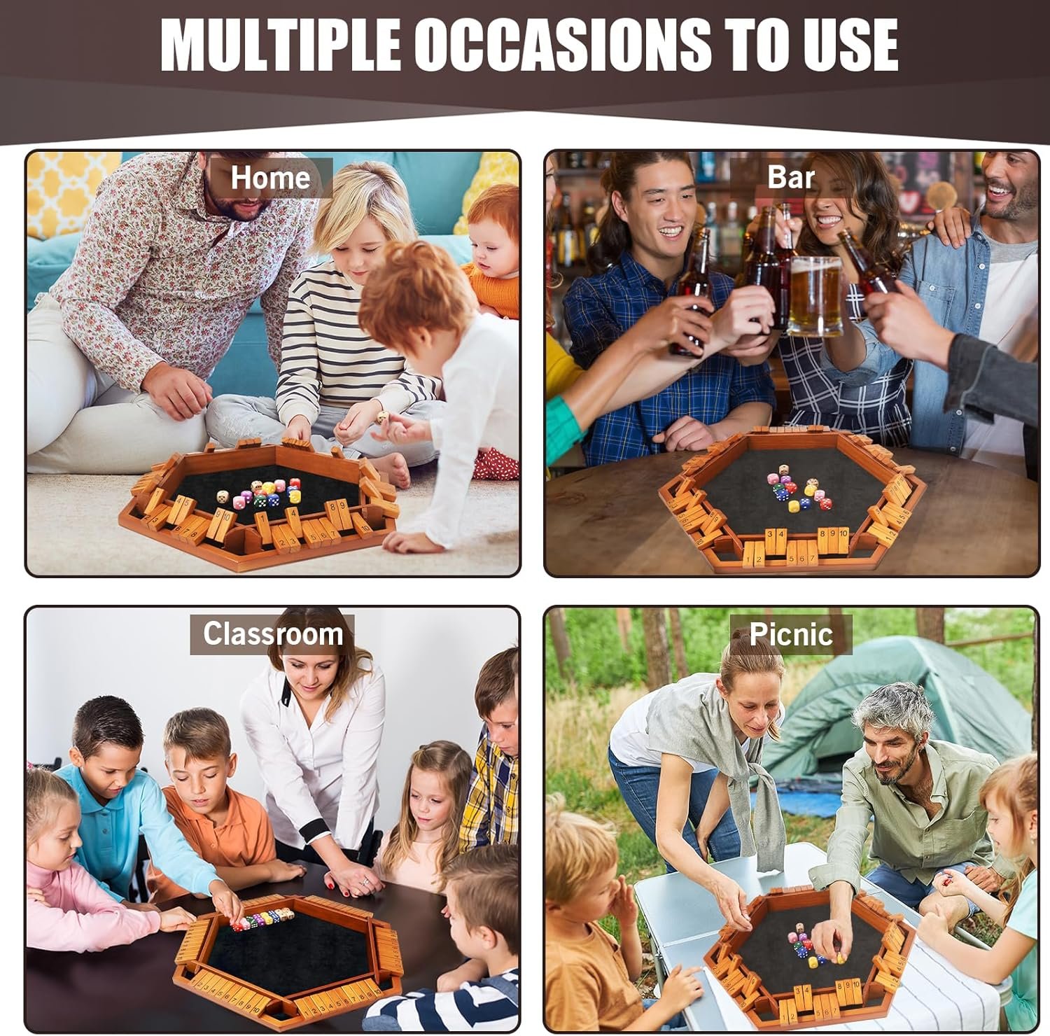 1-6 Players Shut The Box Dice Games, Wooden Board Table Math Game with 16 Dice and Instructions, Classics Close The Box Board Game for Adults Kids, Family Classroom Home or Bar - Image 7
