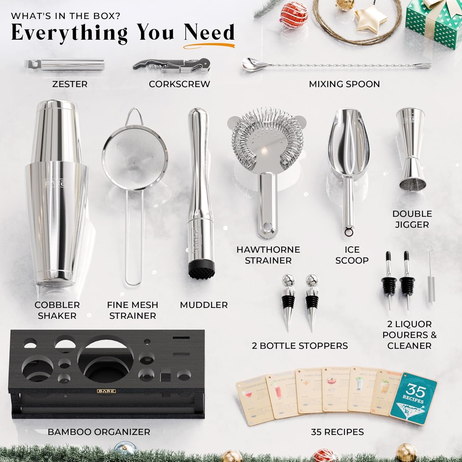 BARE BARREL® Mixology Bartender Kit Bar Set | 16-Piece Cocktail Shaker Set | Martini Barware Mixing Tools for Home Bartending | Incl. 35 Recipe Cards | Gift Set (28oz Boston Shaker, Silver/Black) - Image 5