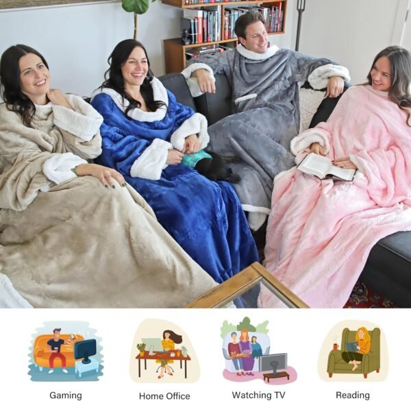 Catalonia Sherpa Wearable Blanket with Sleeves Arms,Super Soft Warm Comfy Large Fleece Plush Sleeved TV Throws Wrap Robe Blanket for Adult Women and Men Pink - Image 3