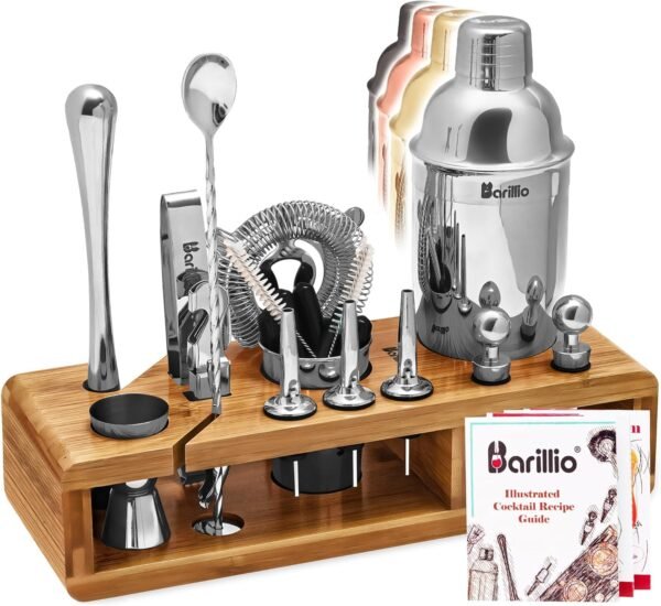 Barillio Bartender Kit - Stainless-Steel Cocktail Shaker Set w/Bamboo Stand - Mixology Bar Tools w/Drink Shaker, Mixer Spoon & Muddler for Cocktails - Home Bar Accessories - 23-Pc Bar Set - Silver - Image 2