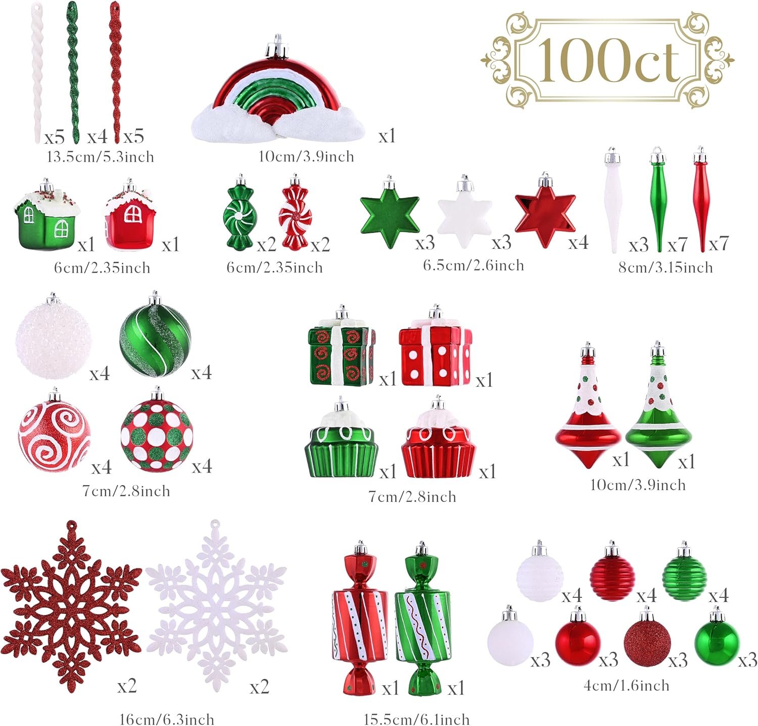 Valery Madelyn 100ct Christmas Ornaments Set, Candy Cane Red Green White Shatterproof Christmas Tree Decorations Ball Ornaments Bulk, Decorative Hanging Ornaments for Xmas Trees Holiday Party Decor - Image 4