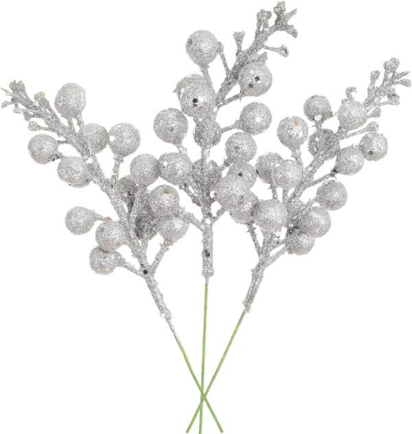 Artiflr 14 Pack Christmas Glitter Berries Stems Clearance, 7.8 Inch Artificial Christmas Picks for Christmas Tree Ornaments, DIY Xmas Wreath, Crafts, Holiday and Home Decor, Silver - Image 2