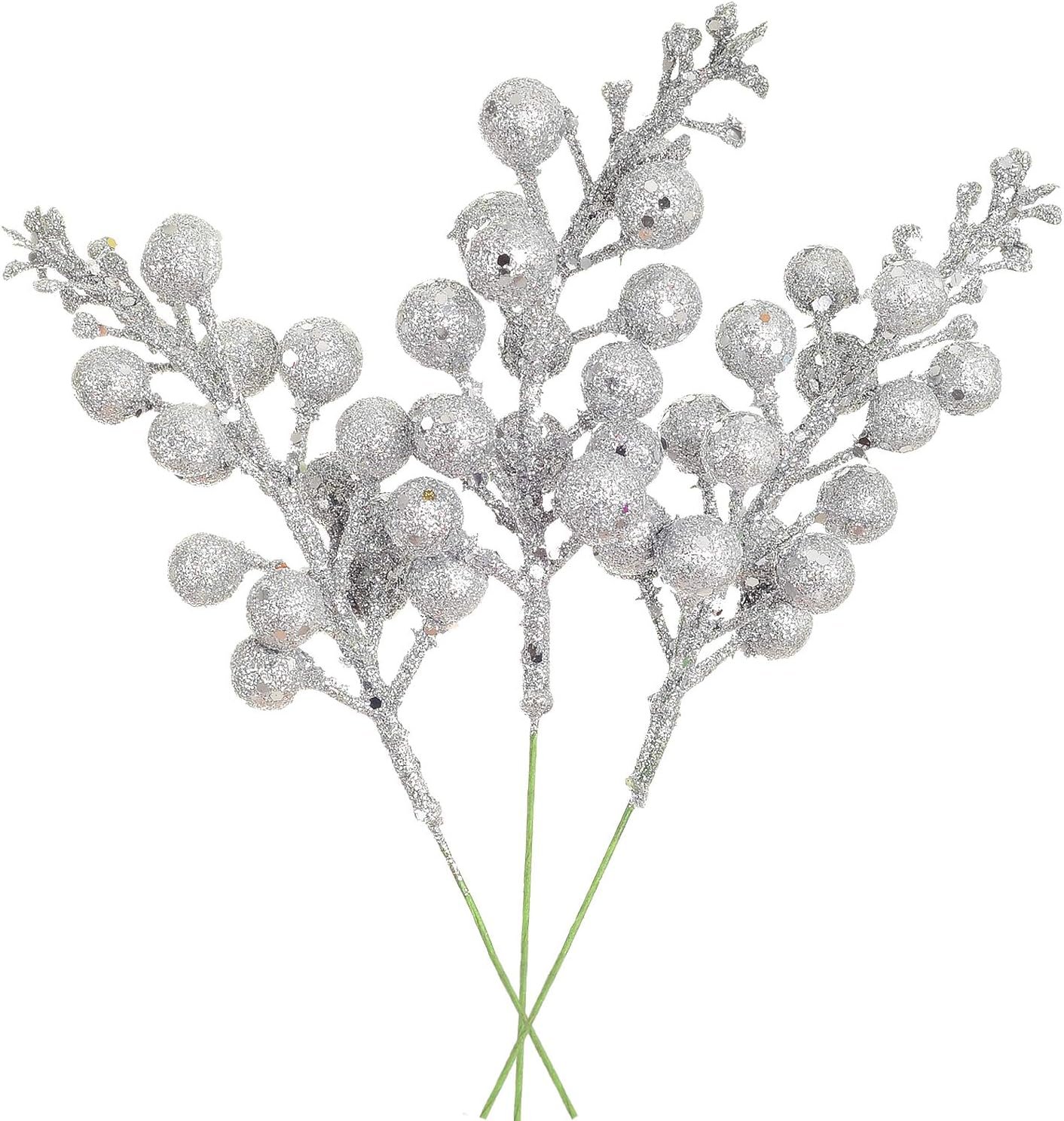 Artiflr 14 Pack Christmas Glitter Berries Stems Clearance, 7.8 Inch Artificial Christmas Picks for Christmas Tree Ornaments, DIY Xmas Wreath, Crafts, Holiday and Home Decor, Silver - Image 2