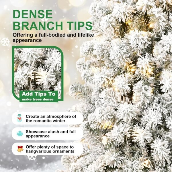 MERITLINE Pre-Lit Artificial Christmas Tree with Lights, 7FT Snow Flocked Design Holiday Decoration Xmas Tree with 1064 Branch Tips, 300 Tungsten Lamp String/Easy Assembly, Metal Stand - Image 5