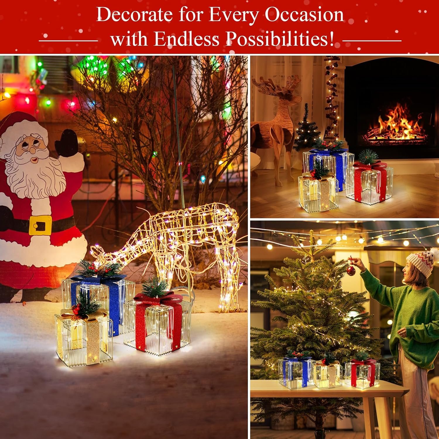 Sparkling Christmas Lighted Gift Boxes W/ 270 LEDs, 33Ft String Lights Light up Christmas Decoration Indoor Outdoor, Holiday Decor Present Boxes Xmas Ornament for Tree Skirt Yard Porch Home, Set of 3 - Image 6