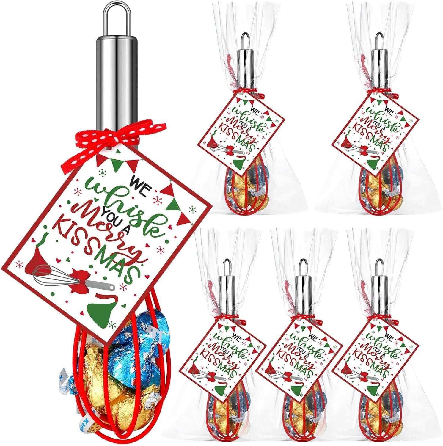 Nuogo 6 Sets Christmas Whisk Baking Supplies Gifts Sets Includes Stainless Steel Whisk, Greeting Cards, Ribbons, Plastic Bags for Neighbor Employee Cooking Supplies Christmas Stocking Stuffers Ideas - Image 2