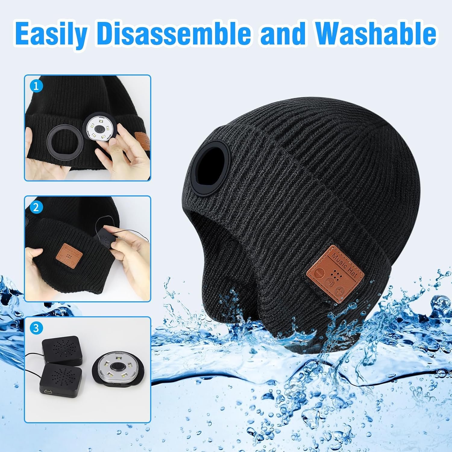 Bluetooth Beanie with Light,Unisex USB Rechargeable LED Headlamp Hat,Built-in Wireless Headphones & Stereo Speakers,Gifts for Men Women - Image 7