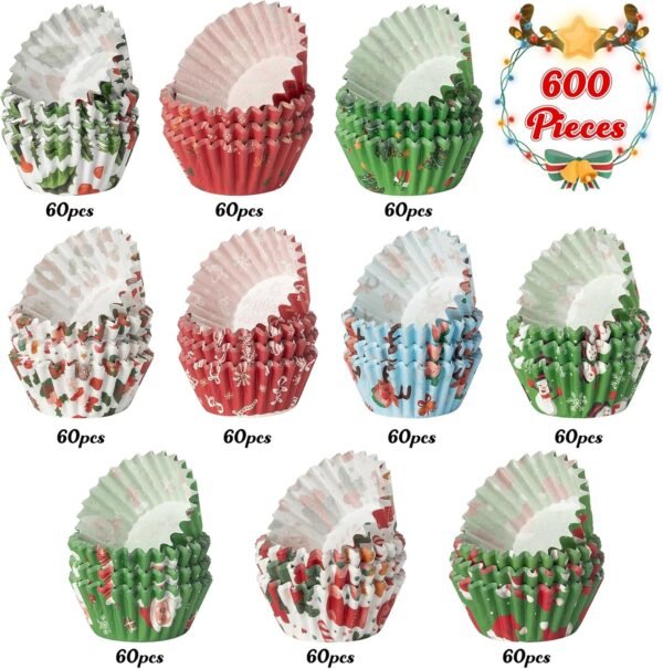COcnny 600pcs Christmas Mini Cupcake Paper Liners, Merry Christmas Baking Cups Muffin Case Cupcakes Wrappers, Xmas Tree Santa Claus Snowman Cake Wrap Making Supplies for Xmas Eve Party (10 Styles) - Image 3