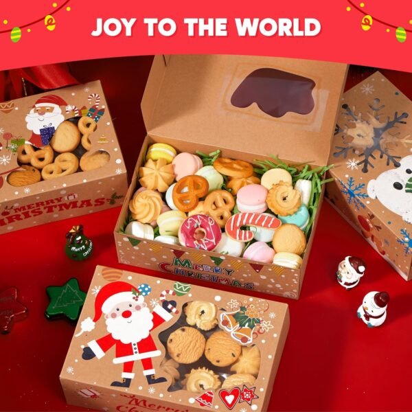 JOYIN 24PCS Christmas Cookie Boxes for Gift Giving, 8.5" x 5.75" x 2.75" Xmas Holiday Treats Cookie Tins with Window, 6 Designs Brown Kraft Bakery Boxes for Pastries, Cupcakes, Brownies, Doughnut - Image 8