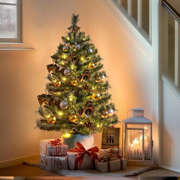 Yaheetech 2Pcs Pre-lit Artificial Mini Christmas Tree, 3ft Tabletop Small Xmas Tree w/20 Pinecones, 50 Warm White LED Lights, Cement Base, Battery-Operated Christmas Tree for Home Party Decor, Green - Image 3