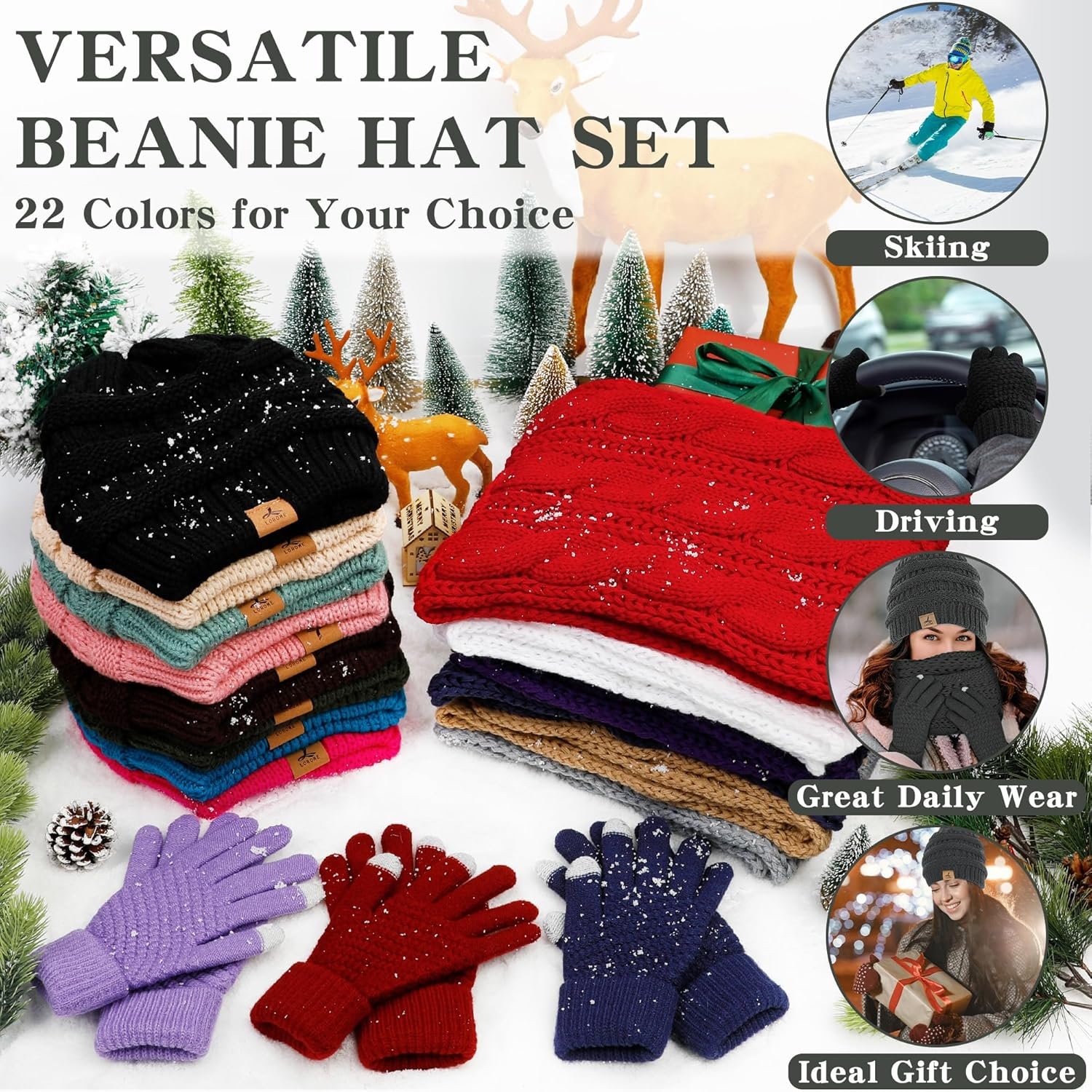 Winter Beanie Hat Scarf Gloves, Warm Fleece Knit Winter Hats Touch Screen Gloves Neck Scarf Set Winter Gifts for Unisex Adult - Image 8