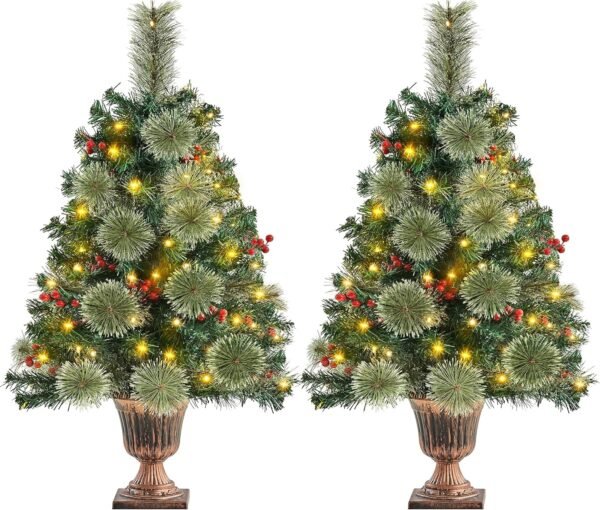 Yaheetech 3ft Pre-lit Tabletop Christmas Tree,2 Pack Little Xmas Tree w/ 50 Warm White LED Lights & Stable Golden Urn Base & 96 PVC Tips & 65 Red Berries for Home Office Festive Decoration - Image 2