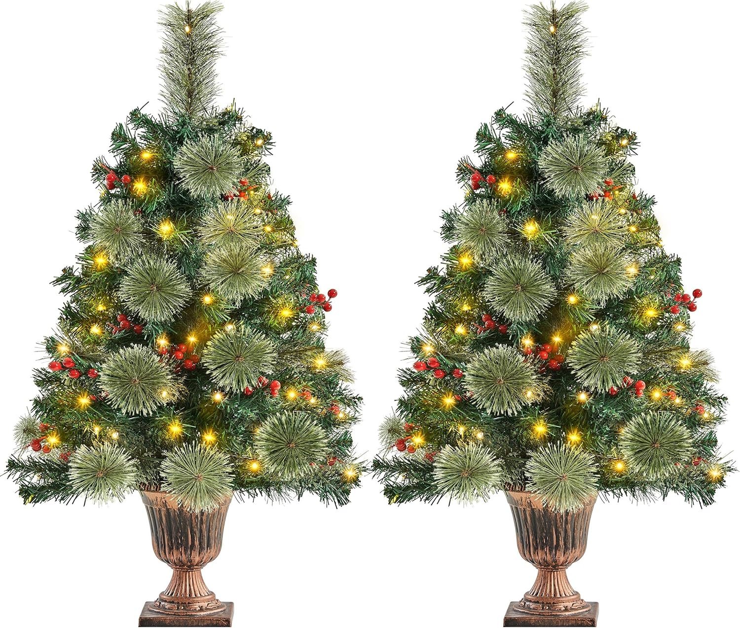 Yaheetech 3ft Pre-lit Tabletop Christmas Tree,2 Pack Little Xmas Tree w/ 50 Warm White LED Lights & Stable Golden Urn Base & 96 PVC Tips & 65 Red Berries for Home Office Festive Decoration - Image 2