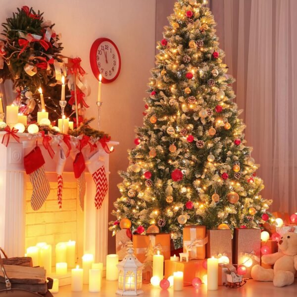 6FT Pre-Decorated Holiday Christmas Tree for Home, Office, Party Decoration 810 PVC Branch Tips, Partially Flocked Design, Pine Cones, Metal Hinges & Base - Green/White - Image 3