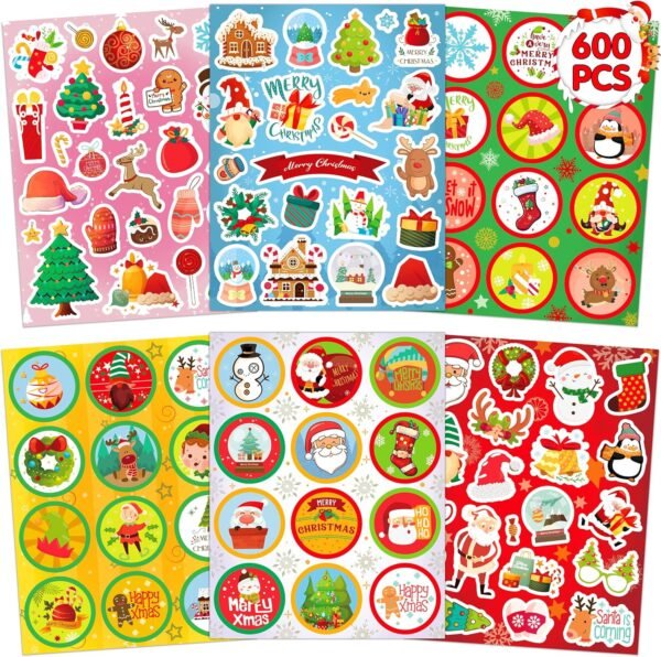 LINAYE 36 Sheets Christmas Stickers, 600 PCS Christmas Stickers Bulk for Kids, Christmas Party Favors for Kids, Christmas Stickers for Crafts Cards Scrapbooking,Water Bottles,Envelopes - Image 2