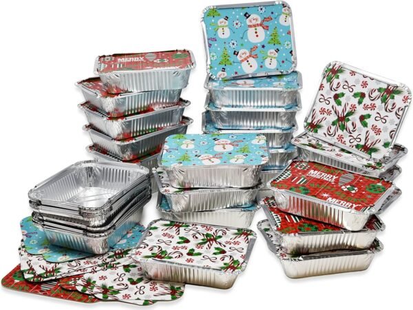 Gift Boutique 36 Count Christmas Tin Foil Containers with Lid Covers For Cookies in 3 Holiday Designs Aluminum Disposable Food Storage Pans For Treat Exchange & Goody Party Leftovers 5"W X 7"L X 1.5" - Image 6