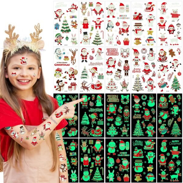 120PCS Luminous Christmas Tattoos for Kids, 10 Sheets Xmas Accessories Glow in the Dark Fake Tattoo Stickers with Santa for Stocking Stuffers, Cute Christmas Party Favors Supplies for Boys Girls - Image 10
