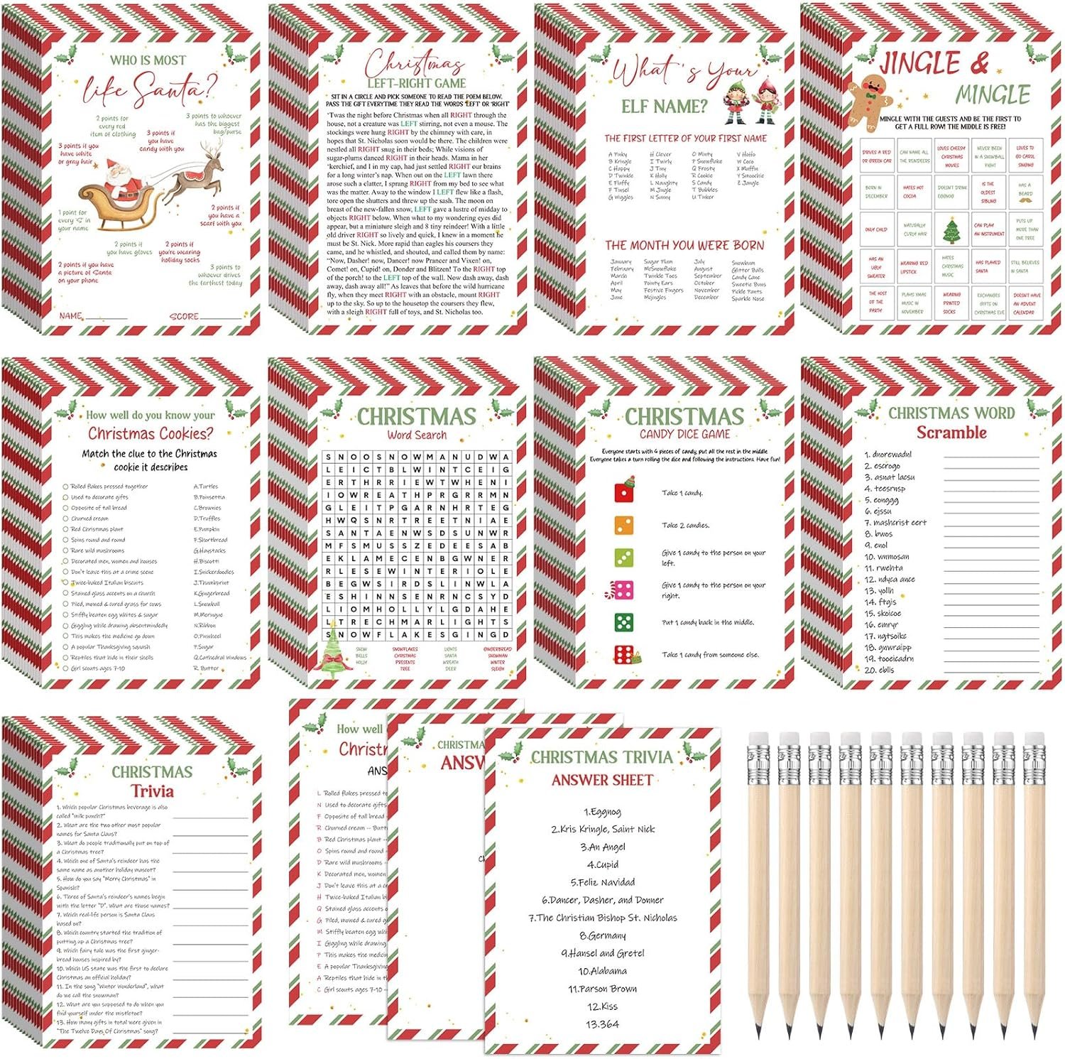 109 Pcs Christmas Trivia Party Games Set Xmas Festival Trivia Cards Word Scramble Christmas Games Christmas Pencils Holiday Activity Games for Friends Coworkers Party Groups - Image 2