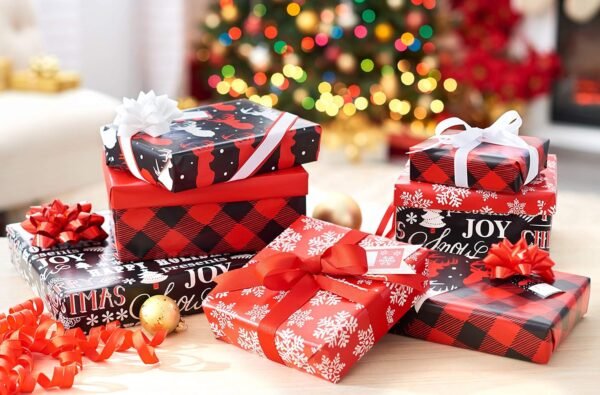 American Greetings 120 sq. ft. Red and Black Christmas Wrapping Paper Set with Cut Lines (4 rolls 30 in. x 12 ft., 7 Bows, 30 Gift Tags), Christmas Text, Plaid, Reindeer and Snowflakes - Image 10