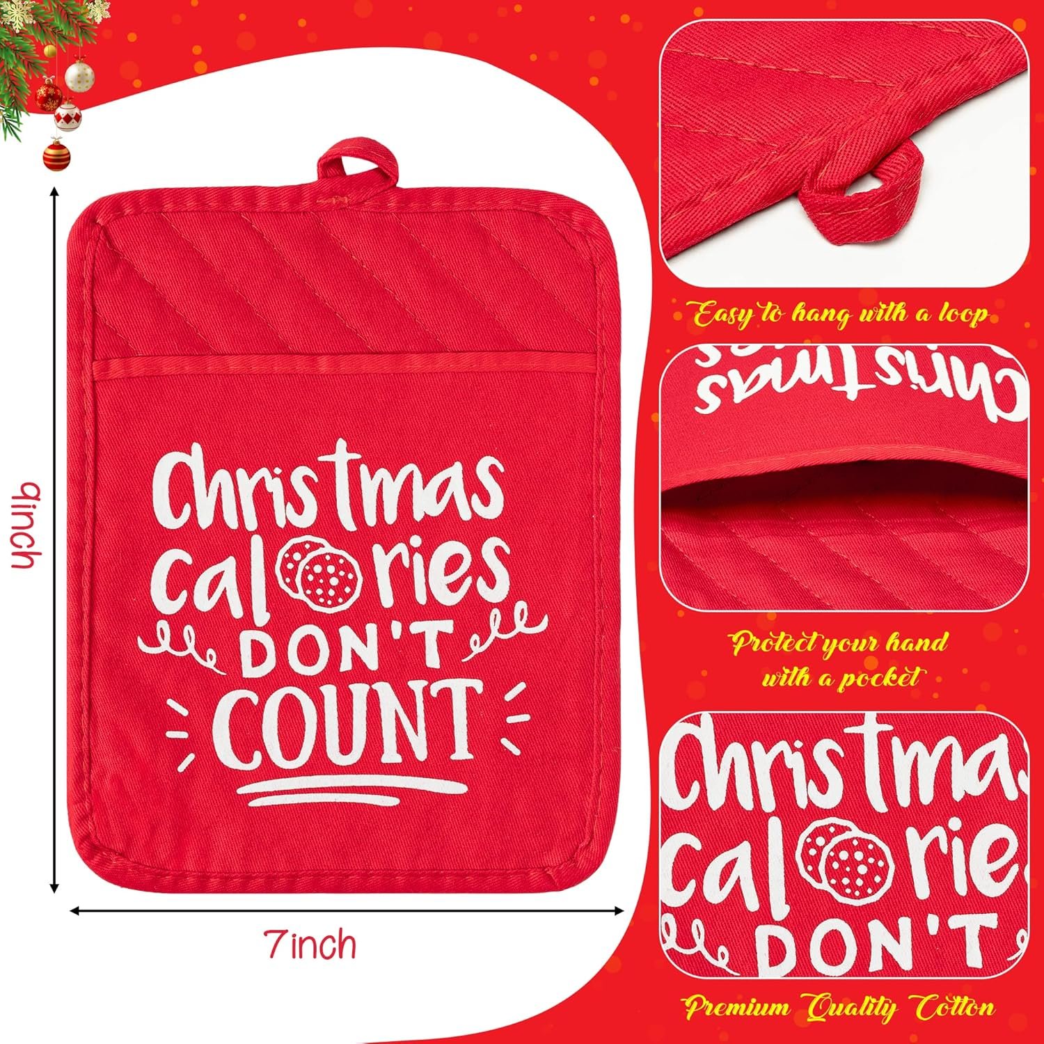 R HORSE 6 Pieces Christmas Pot Holders with Pocket Xmas Cotton Potholders for Kitchen Machine Washable Oven Mitts Heat Resistant Hot Pads Red Cookie Bag for Christmas Kitchen Gift 7 x 9 in - Image 3