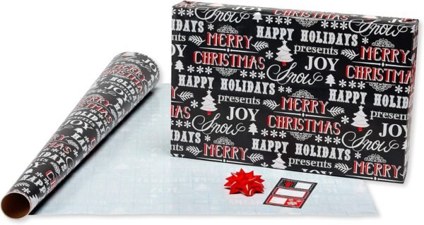 American Greetings 120 sq. ft. Red and Black Christmas Wrapping Paper Set with Cut Lines (4 rolls 30 in. x 12 ft., 7 Bows, 30 Gift Tags), Christmas Text, Plaid, Reindeer and Snowflakes - Image 5