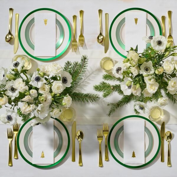 By Madee HEAVYWEIGHT 175 Pc Disposable Christmas Plates and Napkins Set | Ivory Plates Green Trim | Christmas Plates, Holiday Napkins, Silverware | Christmas Disposable Dinnerware (25 Guests) - Image 3