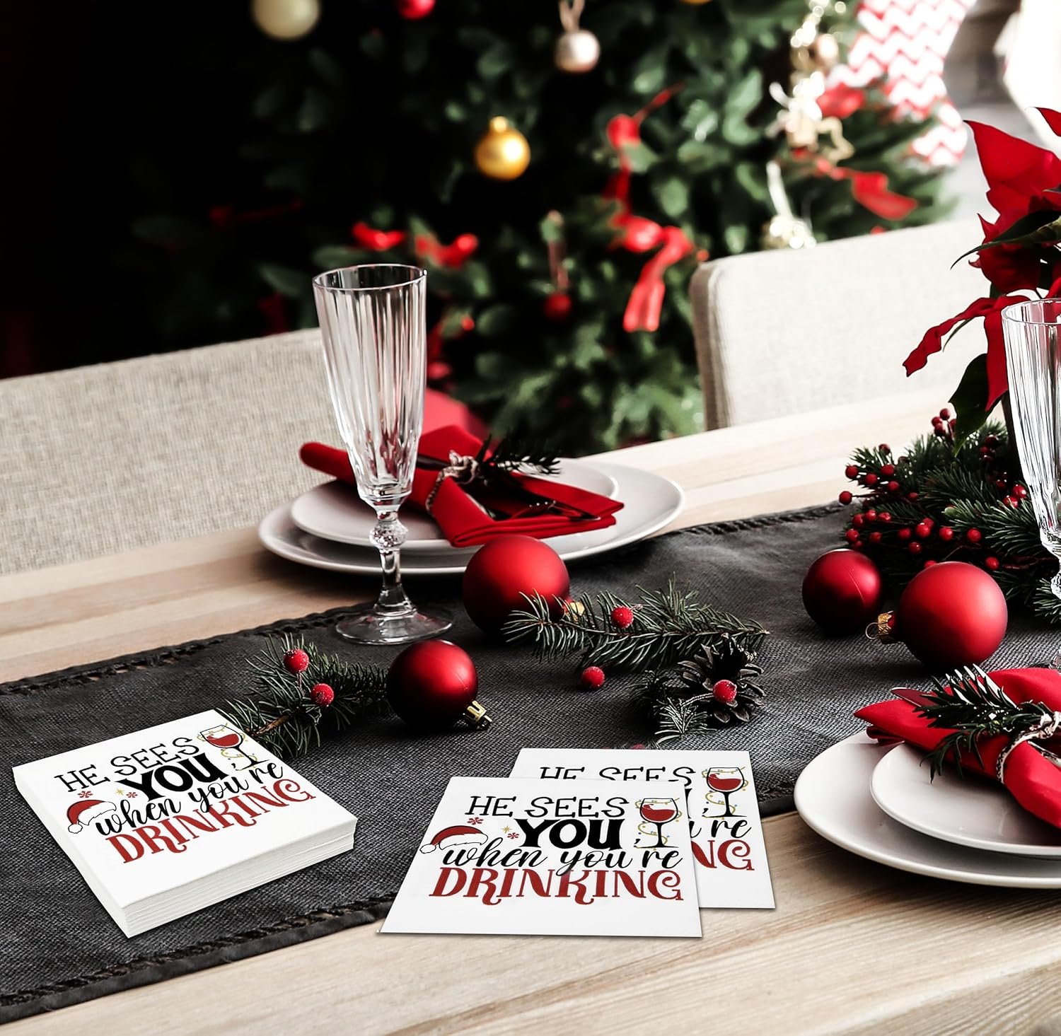 100 Count Christmas Funny Cocktail Beverage Napkins Holiday Disposable Paper Napkin He Sees You When You're Drinking Dessert Napkins for Home Dinner Buffet Xmas Tableware Party Supplies Decorations - Image 6