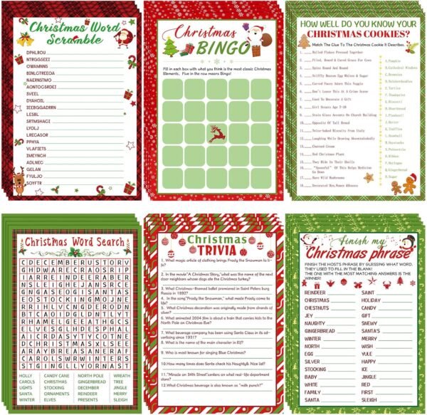 150 Sheets Christmas Bingo Game Xmas Holiday Winter Party Supplies Favors Word Scramble Games Word Search Game Funny Christmas Party Game Set for Classroom Prizes, 6 Styles - Image 2