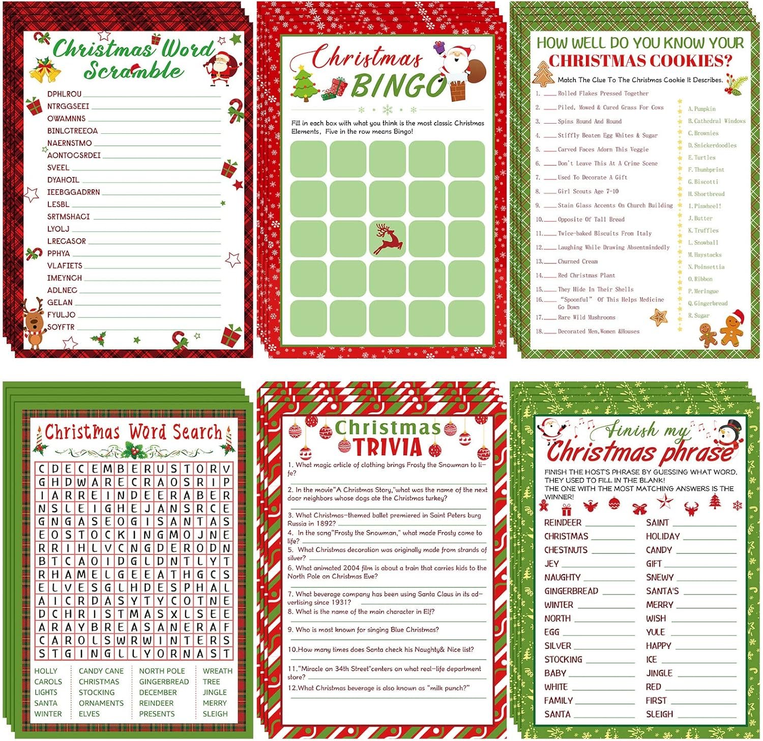 150 Sheets Christmas Bingo Game Xmas Holiday Winter Party Supplies Favors Word Scramble Games Word Search Game Funny Christmas Party Game Set for Classroom Prizes, 6 Styles - Image 2