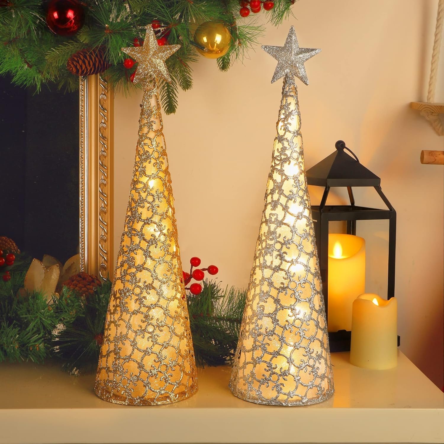 Juegoal Lighted Christmas Table Decorations with Star and 10 LED Lights Battery Operated, Indoor Xmas Thanksgiving Holiday Wedding Party Tabletop Desk Ornament, Set of 2 (Gold, Silver) - Image 5