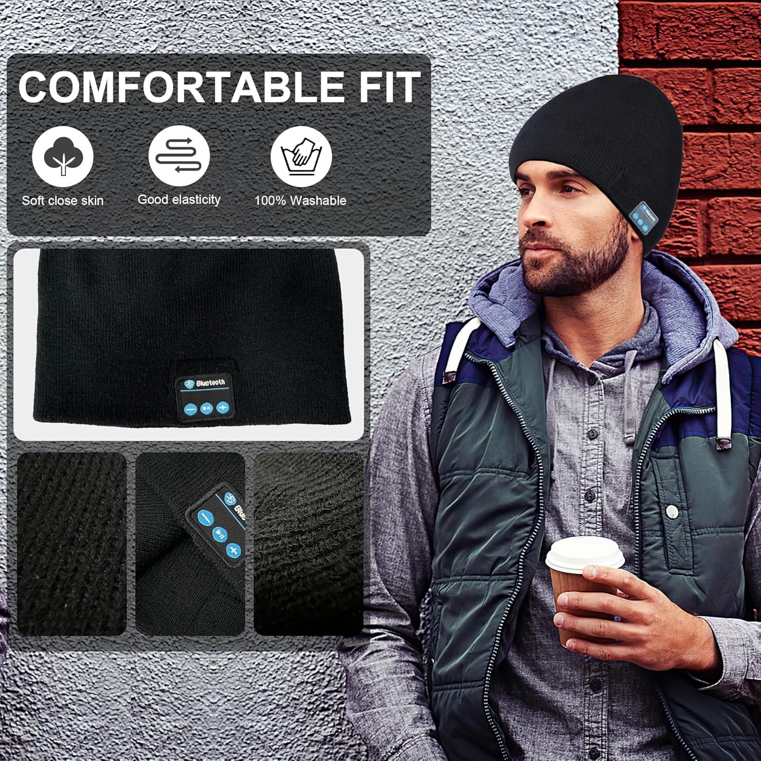 Bluetooth Beanie, Bluetooth 5.2 Wireless Beanies Hats, HD Stereo and Built-in Microphone, 10+ Hours Playtime, Unique Tech Gifts for Men Husband Him Teen, Christmas Stocking Stuffers, Black - Image 6