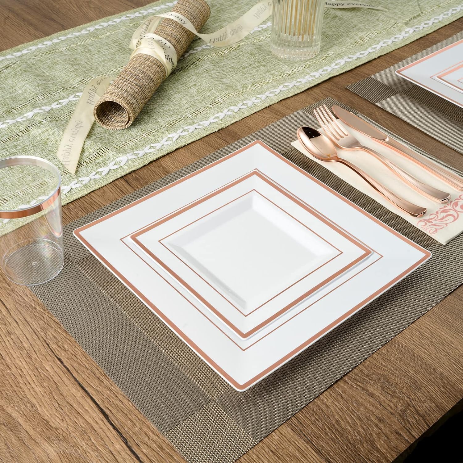 FOCUSLINE 175 Piece Rose Gold Dinnerware Set for 25 Guests- Square Plastic Plates with Rose Gold Rim- Including Disposable 25 Dinner Plates, 25 Dessert Plates, 25 Napkins, 25 Cups, 25 Silverware Set - Image 5