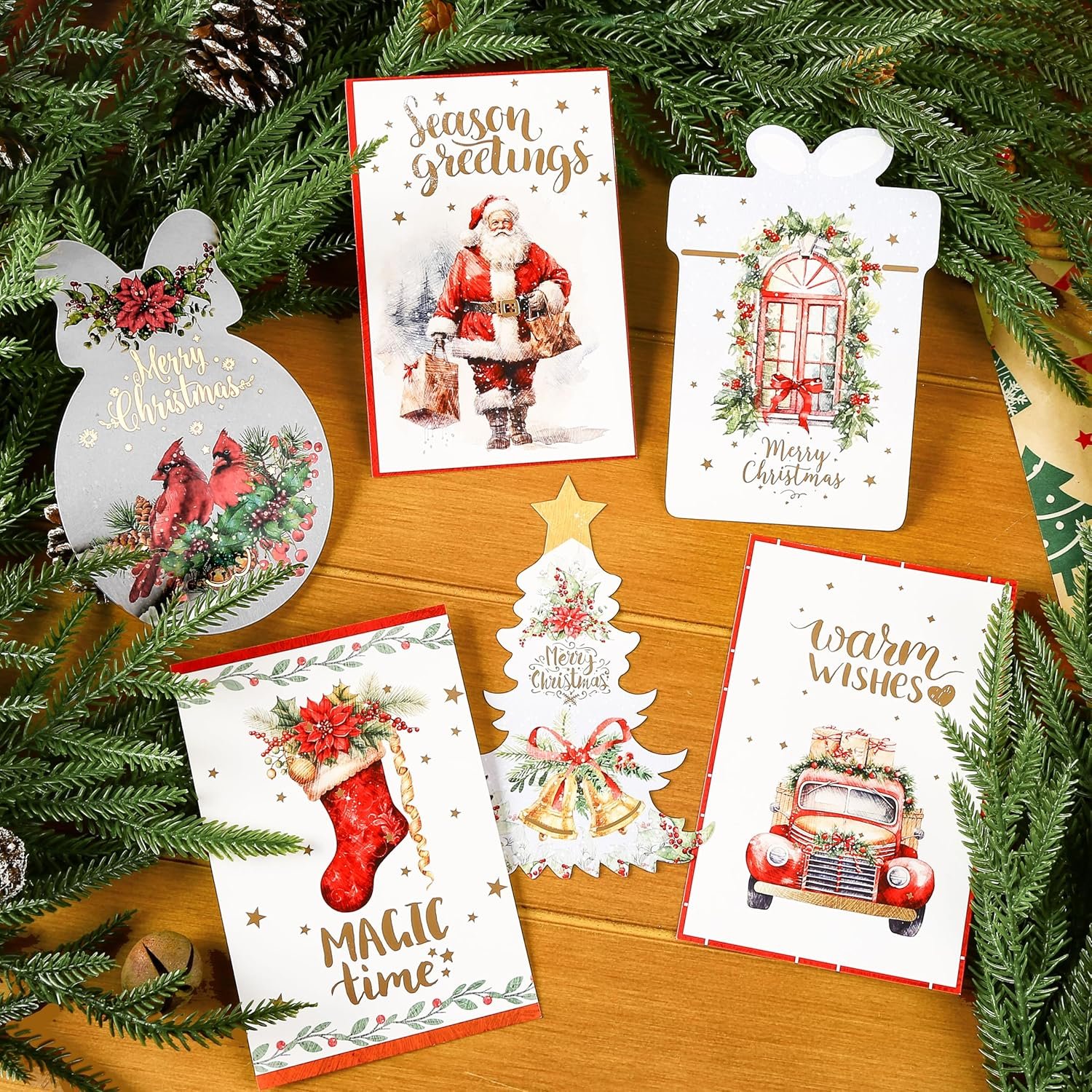 Boxed Christmas Postcards Set with Unique Christmas Tree Shape Images, Santa Claus, Bird and Car, Holiday Postcards for DIY Card Paper, High Gloss 4" x 6" Inch, Greeting Cards(6 Assorted Designs, 24 Cards and Envelopes) - Image 5