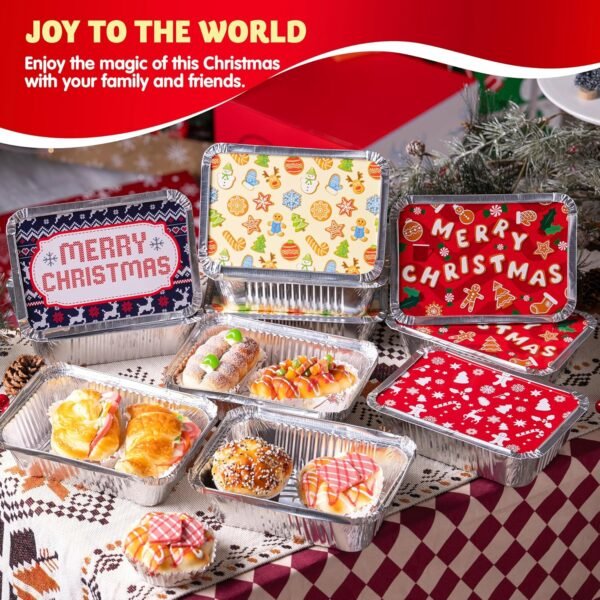 JOYIN 48 Pieces Christmas Foil Containers with Lids, 8 Holiday Designs, 7"x5"x2" Rectangular Treat Foil Containers, Disposable Food Storage Pan for Holiday Leftovers Goodie Container - Image 6