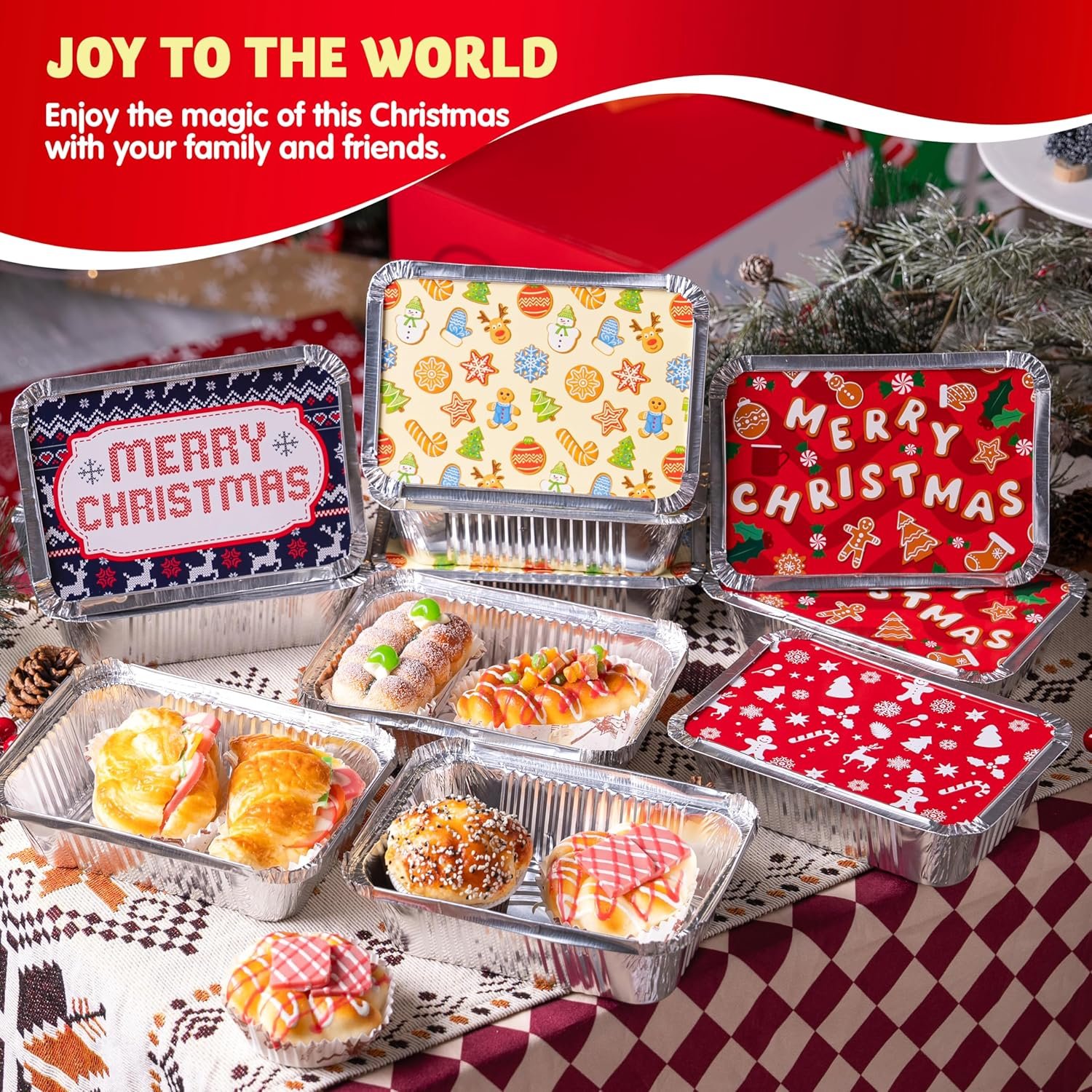 JOYIN 48 Pieces Christmas Foil Containers with Lids, 8 Holiday Designs, 7"x5"x2" Rectangular Treat Foil Containers, Disposable Food Storage Pan for Holiday Leftovers Goodie Container - Image 6