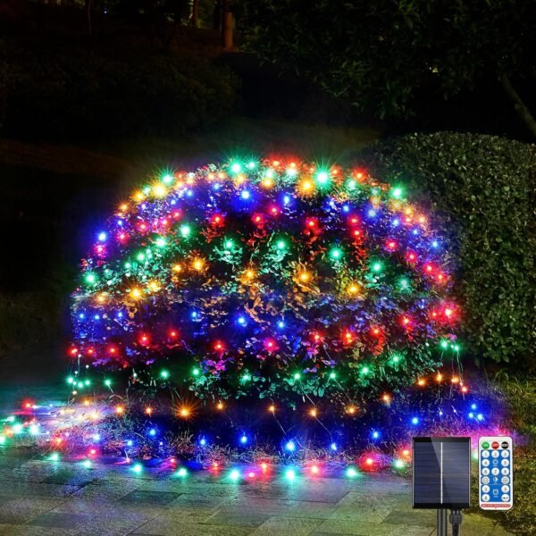 WBao Solar Christmas Net Lights, 200LED 8.4ft x 5.2ft Christmas Bush Lights with Remote, 8 Lighting Modes, Timer, Waterproof Design for Lawn, Bushes, Trees Outdoor Christmas Decorations, Multicolor - Image 2