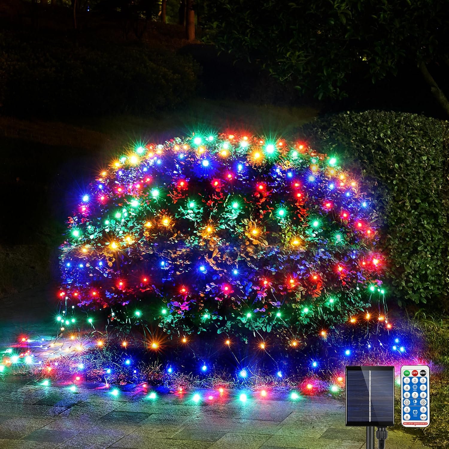 WBao Solar Christmas Net Lights, 200LED 8.4ft x 5.2ft Christmas Bush Lights with Remote, 8 Lighting Modes, Timer, Waterproof Design for Lawn, Bushes, Trees Outdoor Christmas Decorations, Multicolor - Image 2