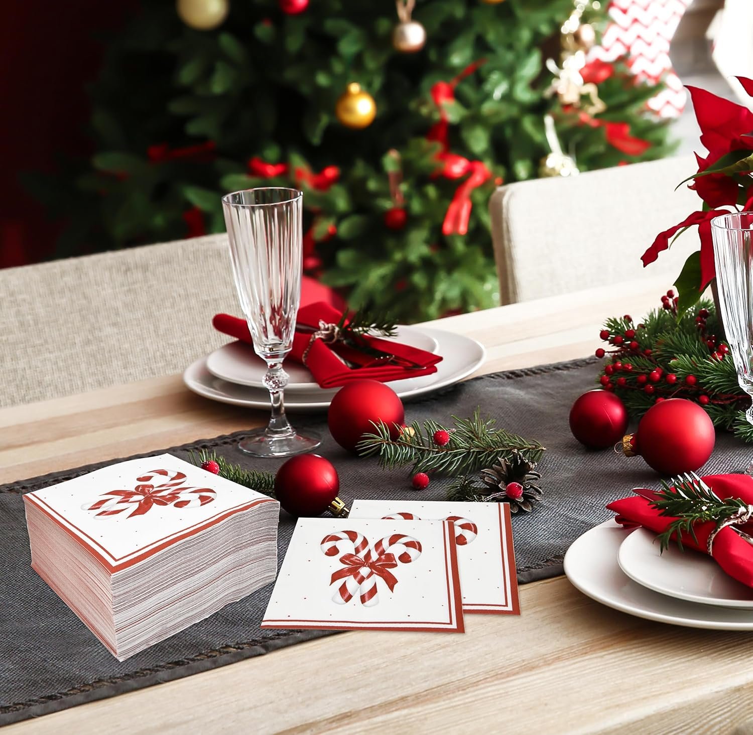 100 Count Christmas Candy Cane Cocktail Beverage Napkins Holiday Disposable Paper Napkin Red and White Striped Peppermint Canes Dessert Napkins for Home Dinner Xmas Tableware Party Supplies Decoration - Image 7