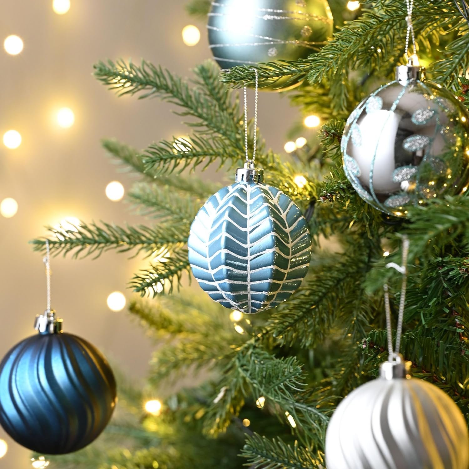 Valery Madelyn Christmas Ornaments Set, 16ct Navy Blue and Silver Shatterproof Fall Christmas Tree Decorations Ball Ornaments Bulk, 3.15 Inches Elegant Hanging Ornaments for Xmas Trees Decor - Image 3