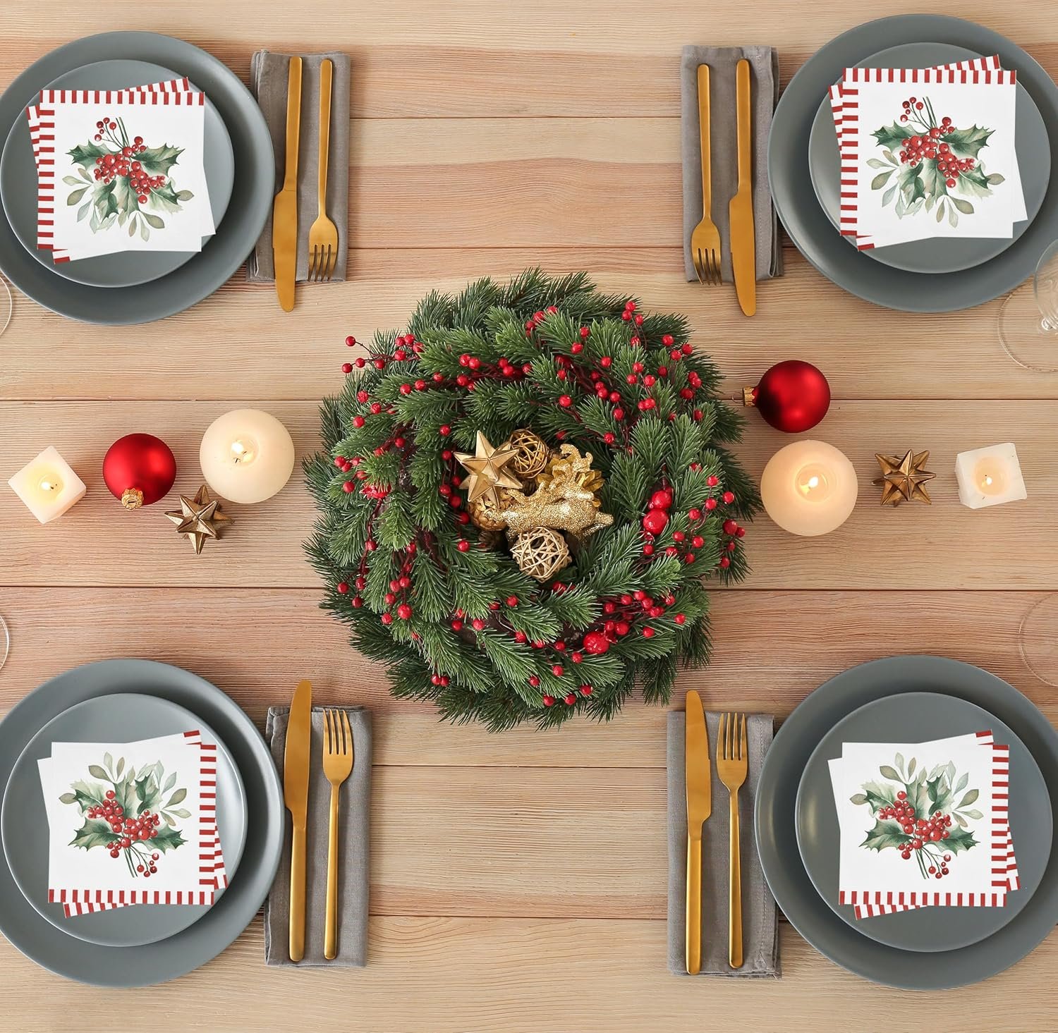 100 Christmas Berries Cocktail Beverage Napkins Disposable Paper Xmas Holly Berry Pine Red and White Striped Dessert Napkin for Winter Holiday Home Kitchen Wedding Party Supplies Tableware Decorations - Image 5
