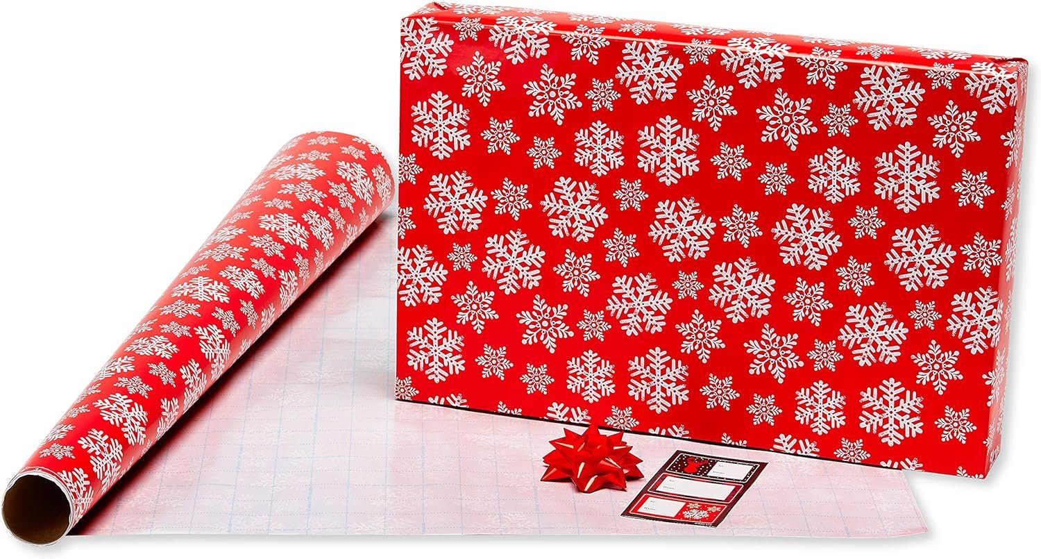American Greetings 120 sq. ft. Red and Black Christmas Wrapping Paper Set with Cut Lines (4 rolls 30 in. x 12 ft., 7 Bows, 30 Gift Tags), Christmas Text, Plaid, Reindeer and Snowflakes - Image 4