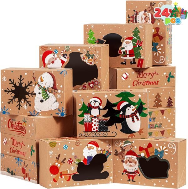 JOYIN 24PCS Christmas Cookie Boxes for Gift Giving, 8.5" x 5.75" x 2.75" Xmas Holiday Treats Cookie Tins with Window, 6 Designs Brown Kraft Bakery Boxes for Pastries, Cupcakes, Brownies, Doughnut - Image 2