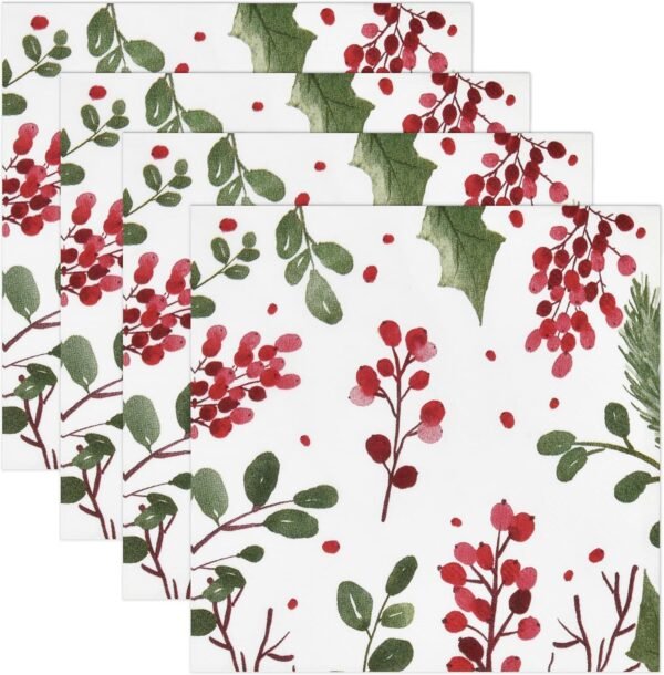100 Christmas Berries and Greenery Cocktail Beverage Napkins Disposable Paper Xmas Holly Berry Pine Dessert Napkin for Winter Holiday Home Kitchen Wedding Party Supplies Tableware Decorations - Image 8