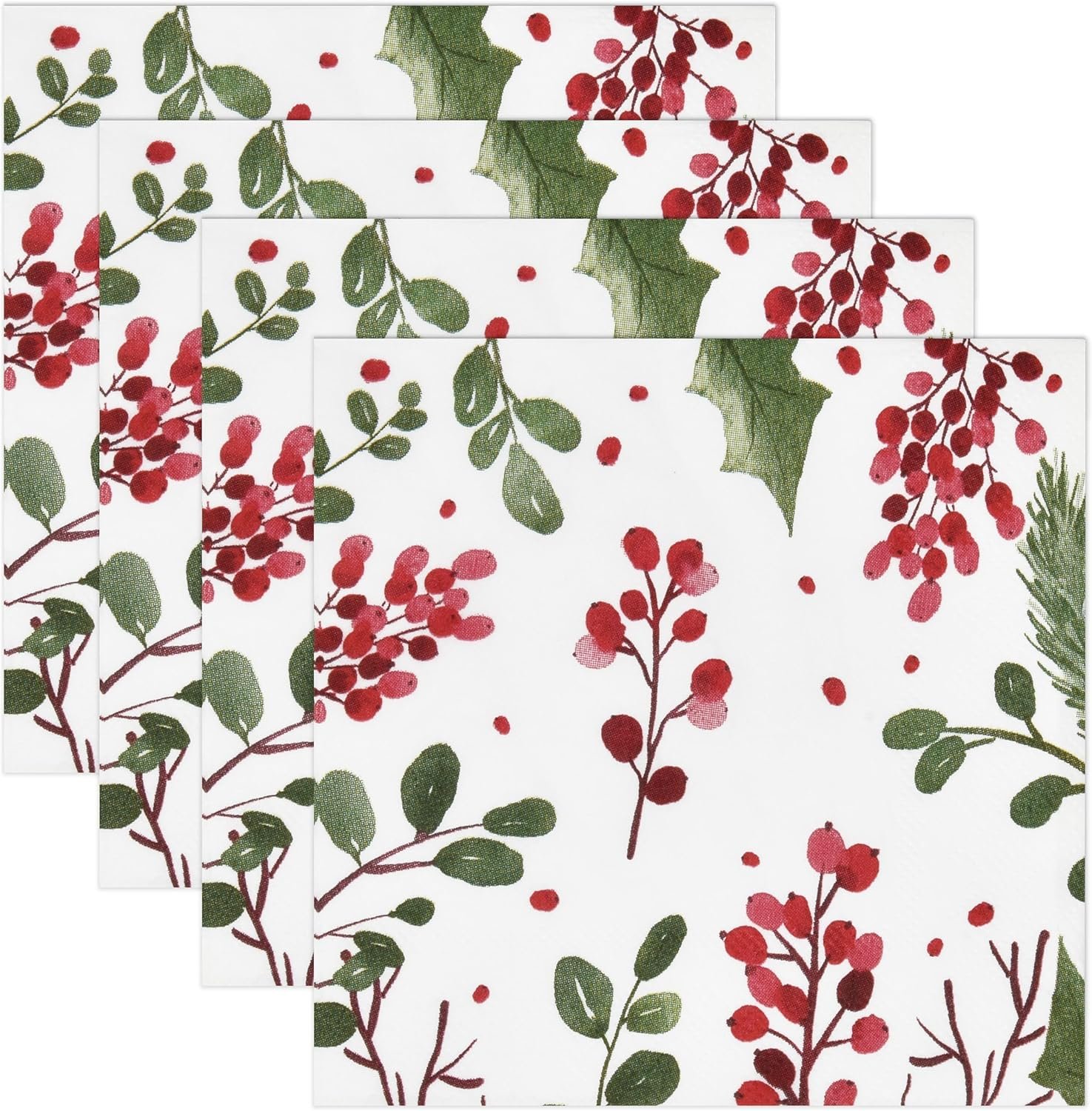 100 Christmas Berries and Greenery Cocktail Beverage Napkins Disposable Paper Xmas Holly Berry Pine Dessert Napkin for Winter Holiday Home Kitchen Wedding Party Supplies Tableware Decorations - Image 8
