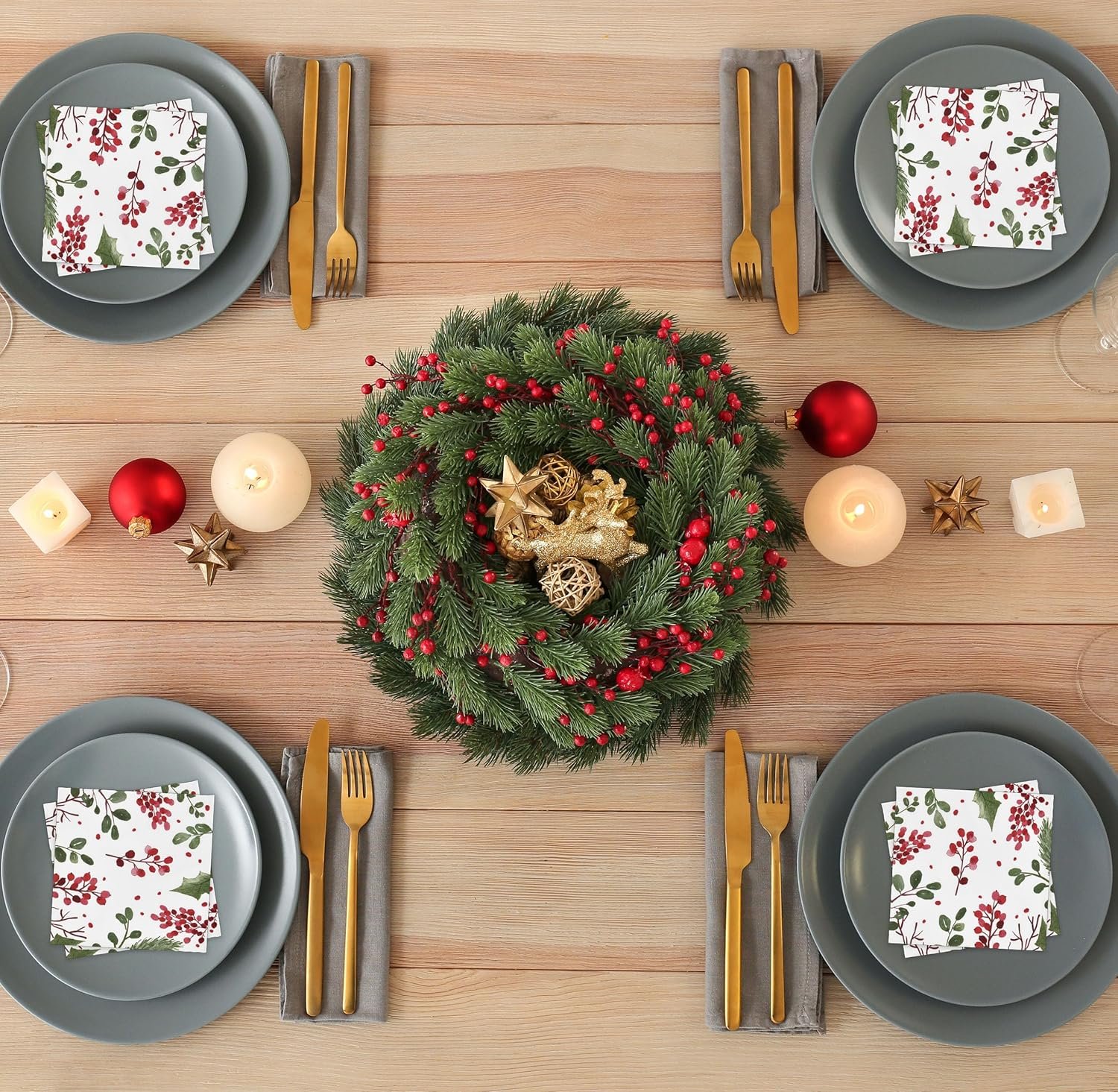 100 Christmas Berries and Greenery Cocktail Beverage Napkins Disposable Paper Xmas Holly Berry Pine Dessert Napkin for Winter Holiday Home Kitchen Wedding Party Supplies Tableware Decorations - Image 5