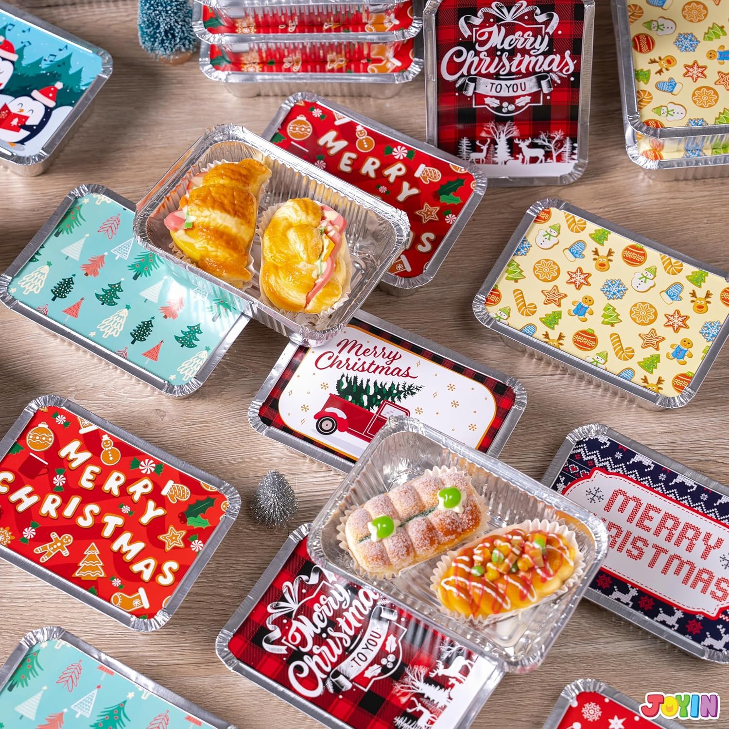 JOYIN 48 Pieces Christmas Foil Containers with Lids, 8 Holiday Designs, 7"x5"x2" Rectangular Treat Foil Containers, Disposable Food Storage Pan for Holiday Leftovers Goodie Container - Image 7