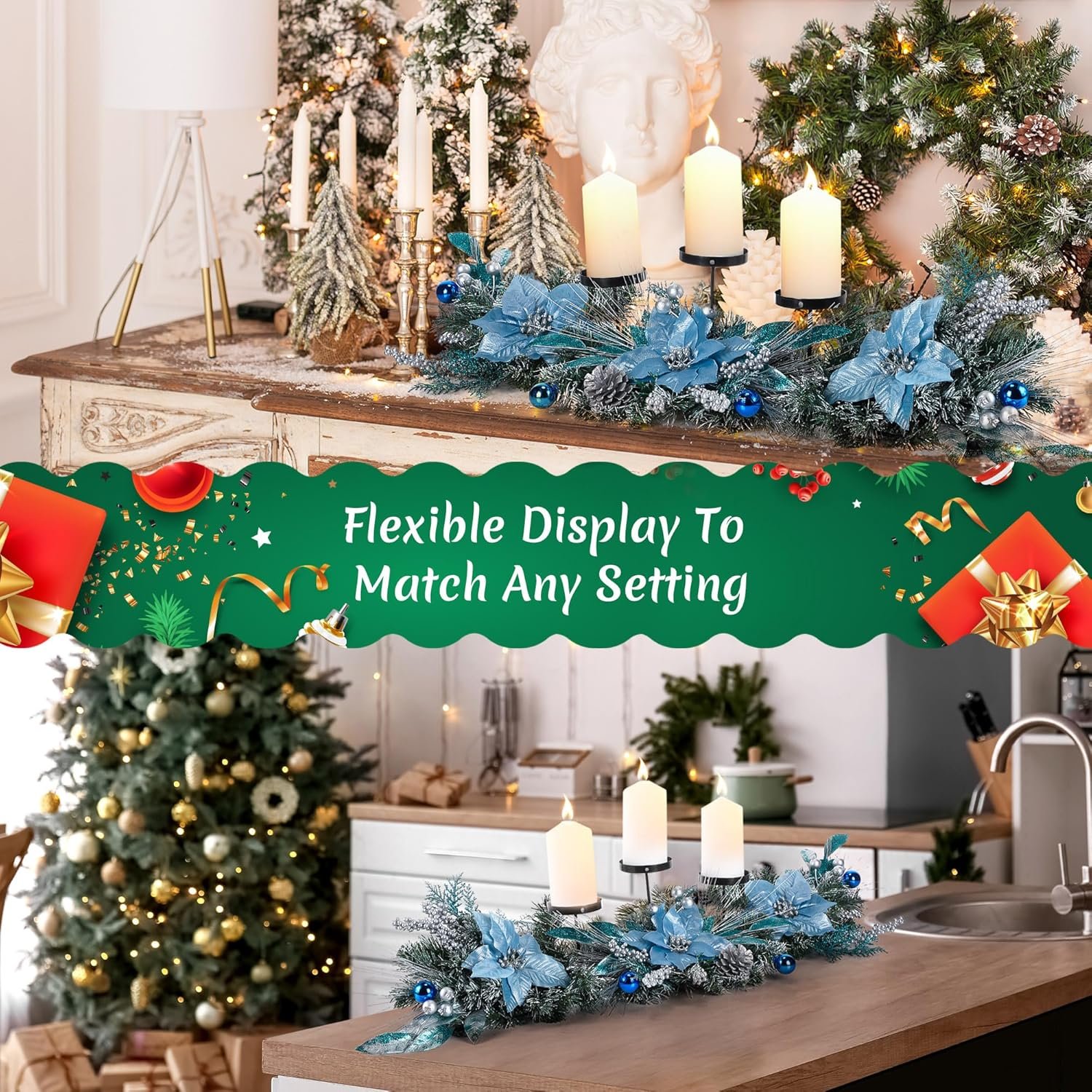 Meonum 37in Christmas Centerpieces for Tables Decorations with 3 Glitter Blue Poinsettia, 3 Candle Holders, 10 Zip Ties, Enchanting Blue Christmas Dining Table Centerpieces Entryway, Mantel, Holiday - Image 4