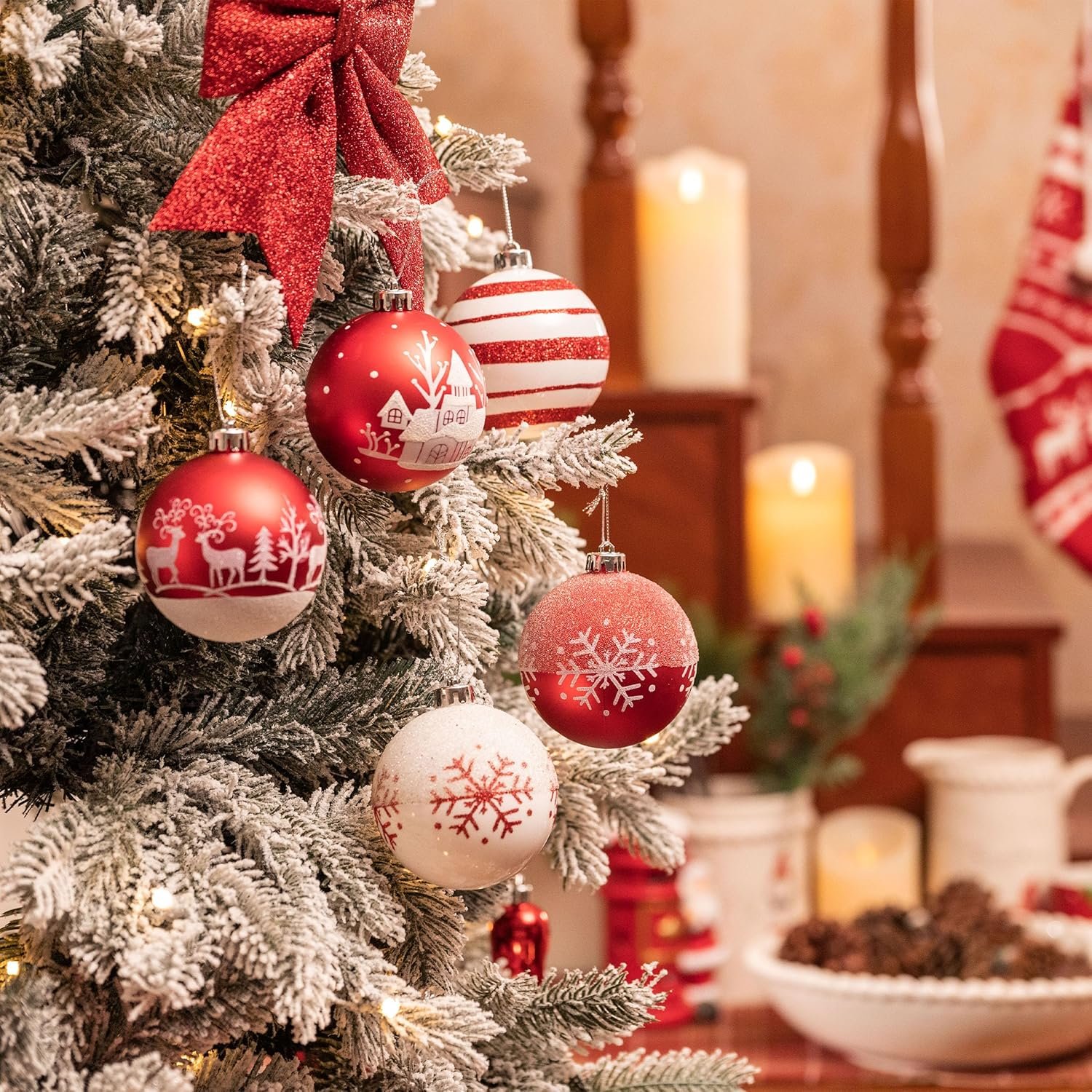 Valery Madelyn Christmas Tree Decorations Set, 16ct Red and White Shatterproof Christmas Ball Ornaments Bulk, 3.15 Inch Traditional Hanging Ornaments for Christmas Trees Xmas Holiday Party Decor - Image 3