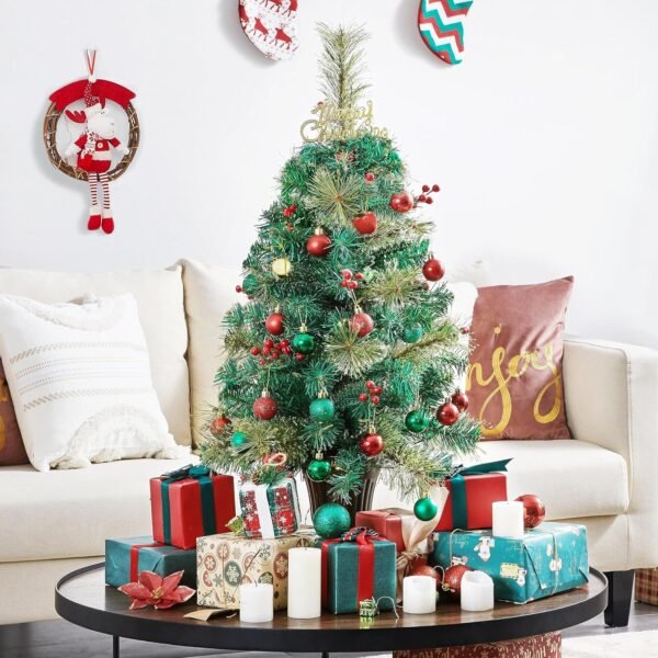 Yaheetech 3ft Pre-lit Tabletop Christmas Tree,2 Pack Little Xmas Tree w/ 50 Warm White LED Lights & Stable Golden Urn Base & 96 PVC Tips & 65 Red Berries for Home Office Festive Decoration - Image 4